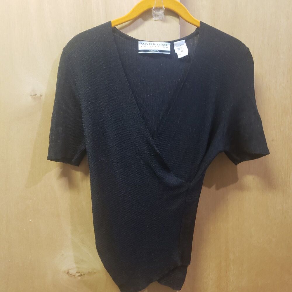 Saks Fifth Avenue Collection Black short-sleeve V-neck wrap detail Med ZZZ